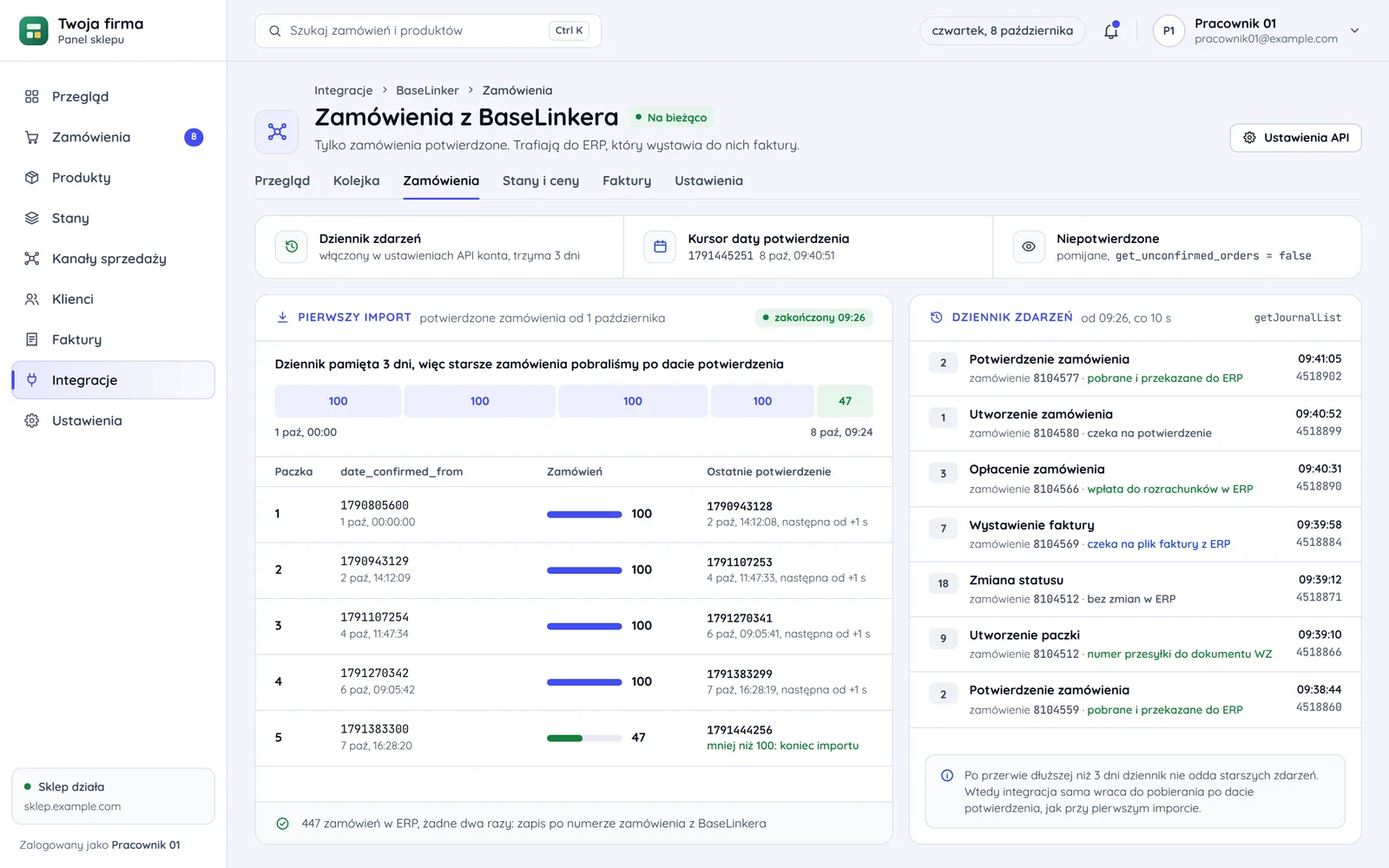 Zamówienia z BaseLinkera w panelu sklepu: dziennik zdarzeń włączony, kursor daty potwierdzenia, niepotwierdzone pominięte, pierwszy import w pięciu paczkach po 100 zamówień z ostatnią 47 i dziennik zdarzeń czytany co 10 sekund