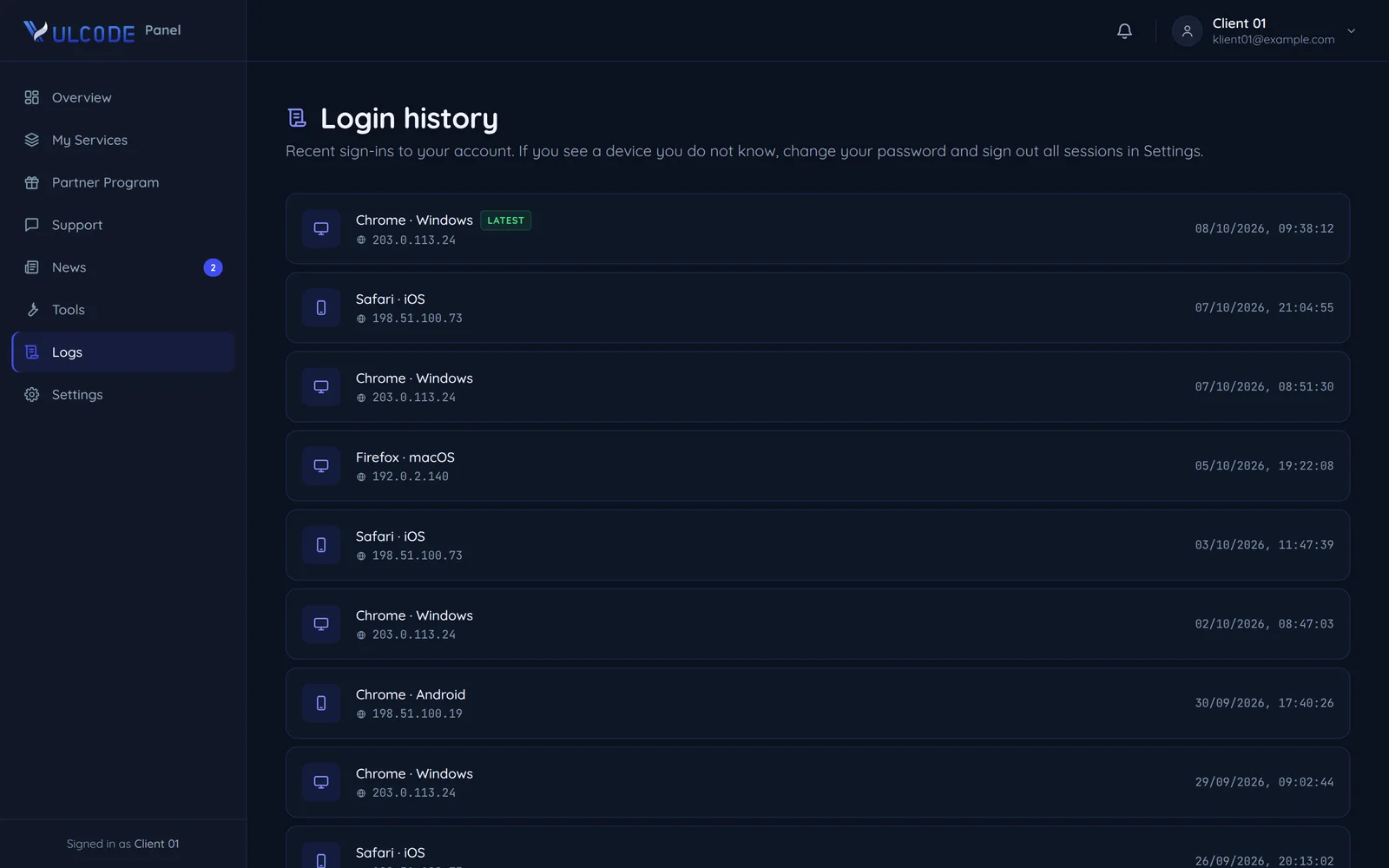 The sign-in history with devices and browsers