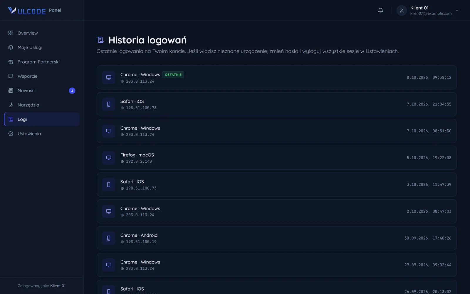 Historia logowań z urządzeniami i przeglądarkami