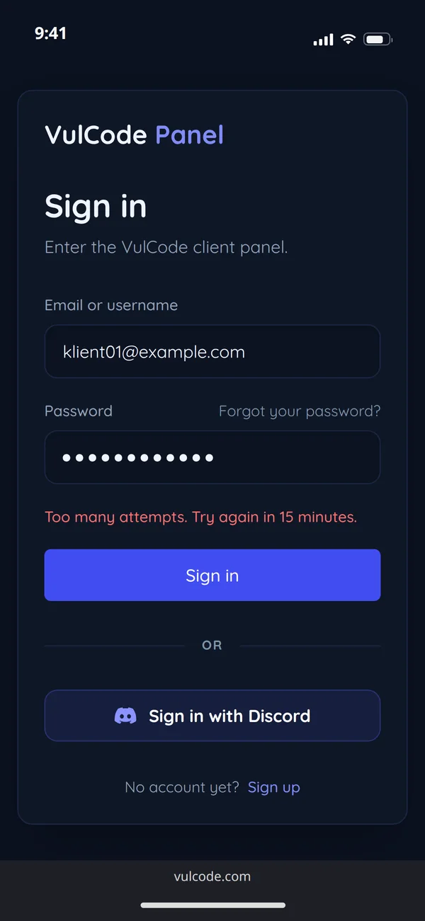 Signing in to the VulCode client panel on a phone with the message: too many attempts, try again in 15 minutes