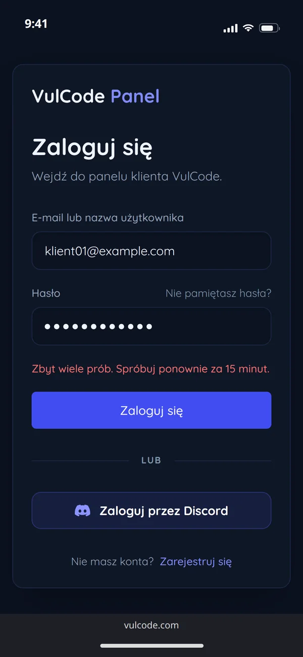 Logowanie do panelu klienta VulCode z komunikatem o zbyt wielu próbach i przyciskiem logowania przez Discord