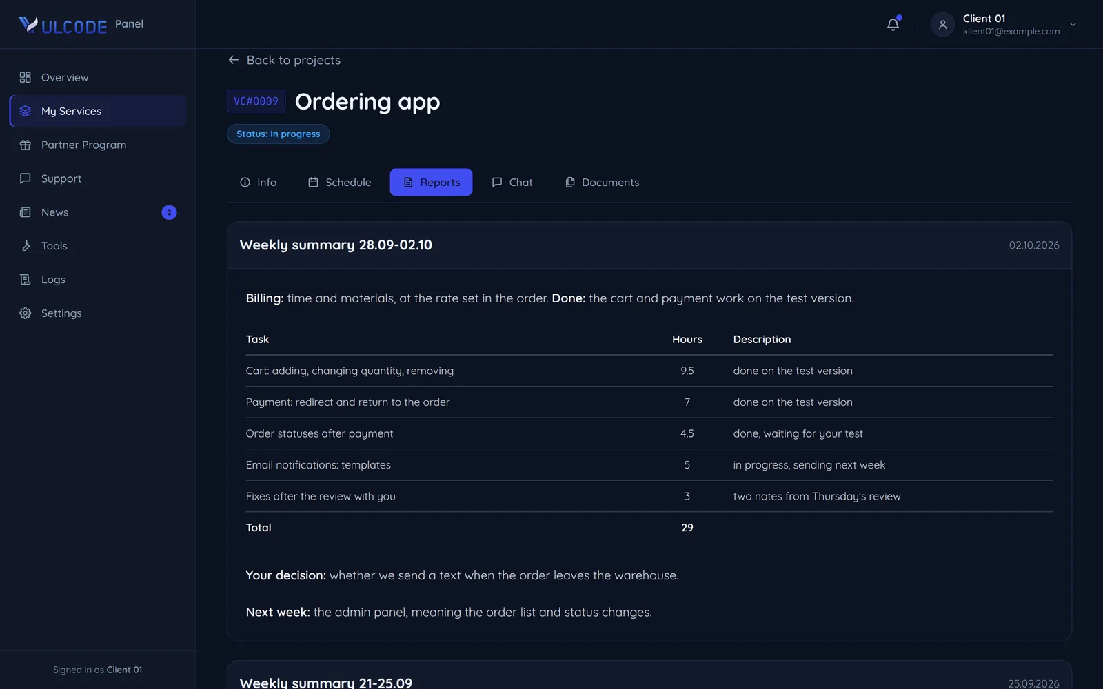 A sample screen of the VulCode client panel: the Reports tab of the Ordering app project with the summary of the week 28.09-02.10, five tasks with their hours, 29 hours in total, a decision on the client's side and the plan for next week