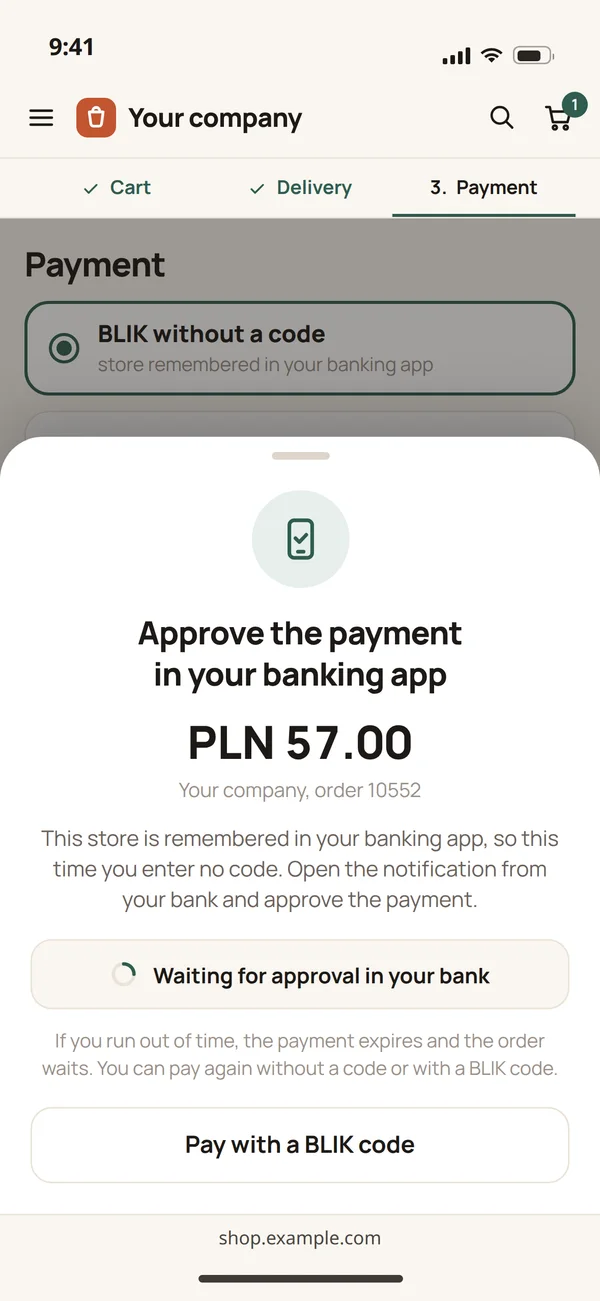 A code-free BLIK payment on a phone: a request to approve in the banking app, because the store is remembered there
