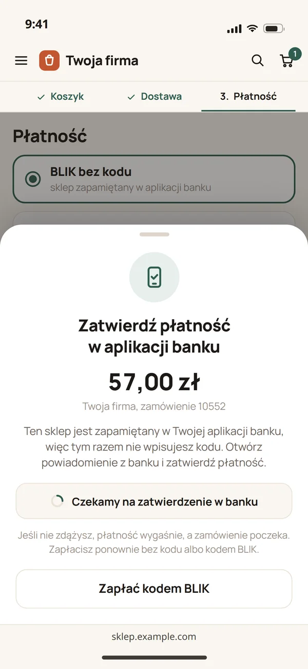 Płatność BLIK bez kodu na telefonie: prośba o zatwierdzenie w aplikacji banku, bo sklep jest w niej zapamiętany