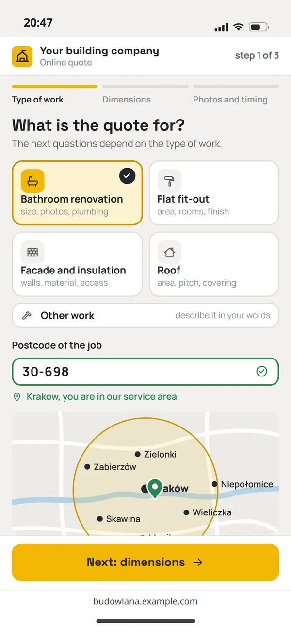 The first step of the online quote on a phone: the type of work, the postcode and a map of the service area