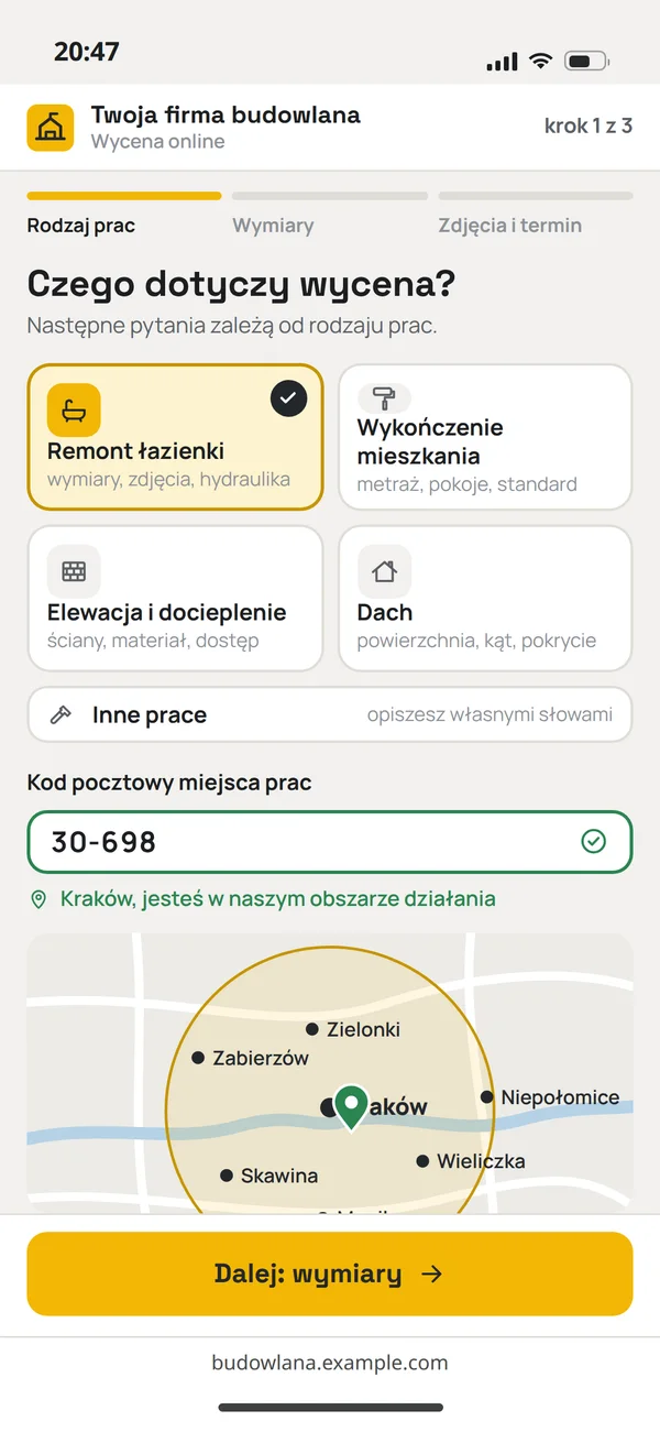 Pierwszy krok wyceny online na telefonie: wybór rodzaju prac, kod pocztowy i mapa obszaru działania