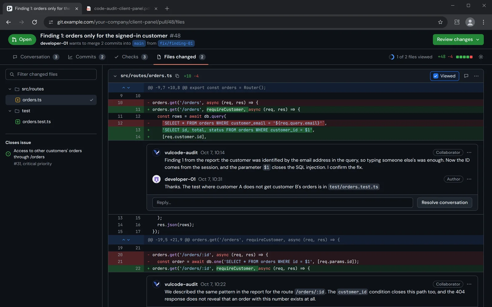 A pull request with the fix of finding 1 and the auditor's comments