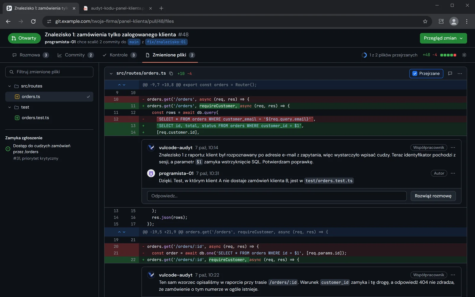 Pull request z poprawką znaleziska 1 i komentarzami audytora