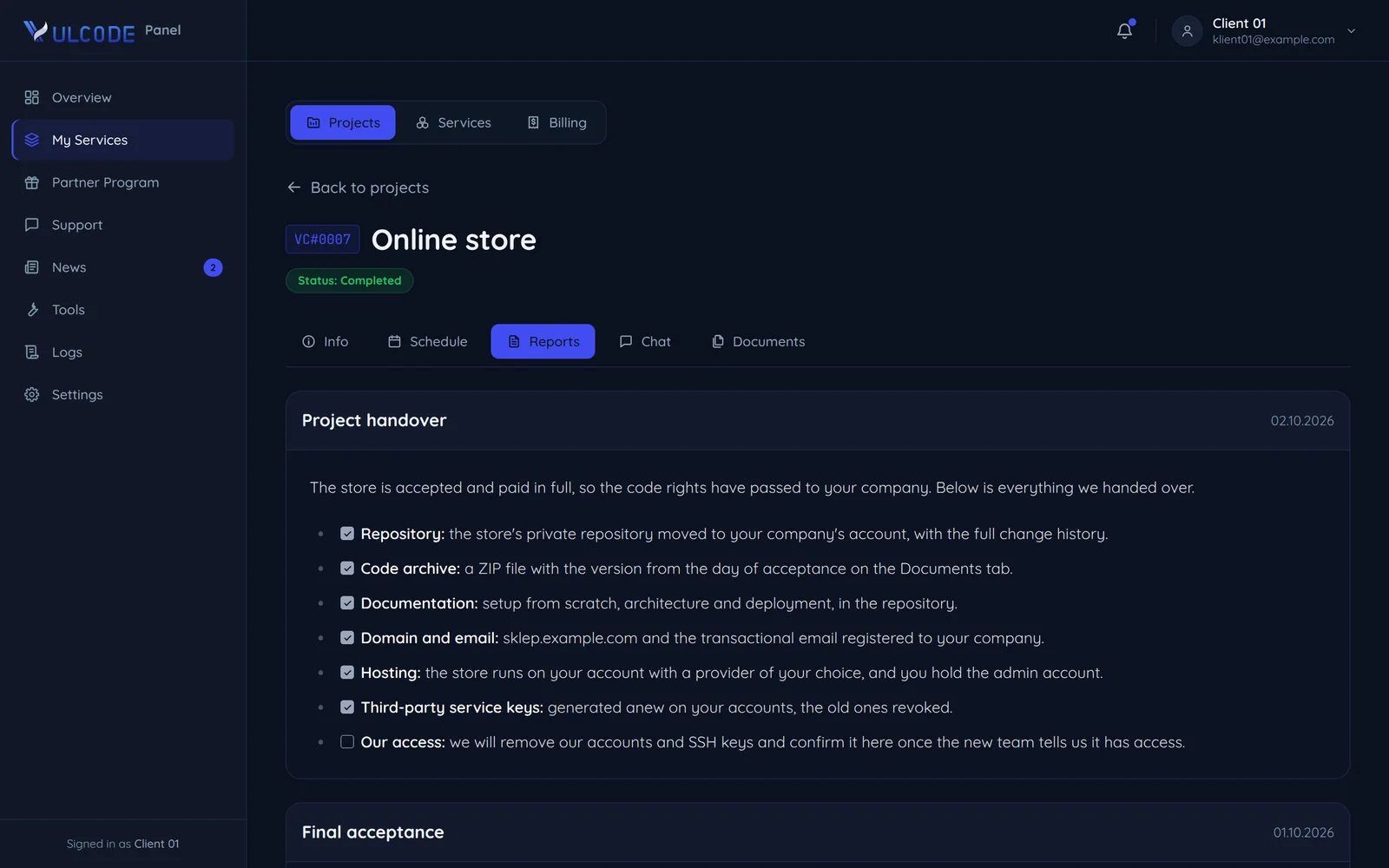 A sample screen of the client panel: the online store's Project handover report with ticked items, from the repository to the service keys, and the open item Our access, with the Final acceptance report under it