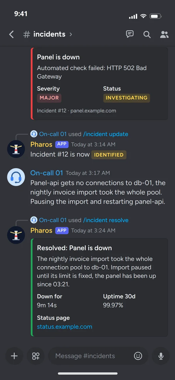 The #incidents channel on Discord on a phone: a Pharos alert about the panel being down, the on-call notes and the resolved incident
