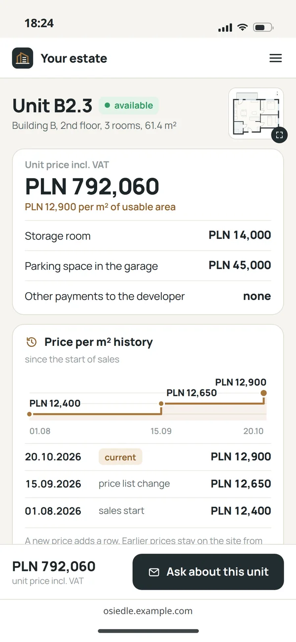 The prices of unit B2.3 on a phone: unit price incl. VAT, price per m², storage room, parking space, other payments and the price per m² history since the start of sales