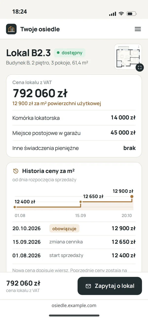 Ceny lokalu B2.3 na telefonie: cena lokalu z VAT, cena za m², komórka lokatorska, miejsce postojowe, inne świadczenia i historia ceny za m² od startu sprzedaży