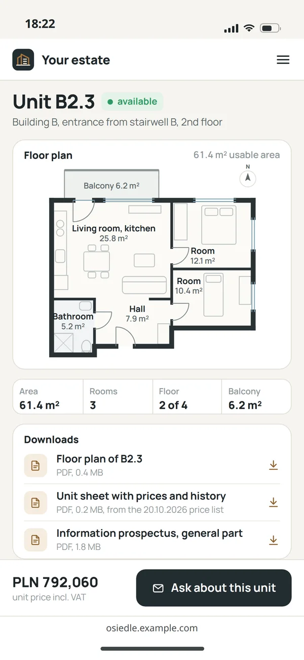 The sheet of unit B2.3 on a phone: available status, the floor plan with rooms, area, rooms, floor, balcony and files to download