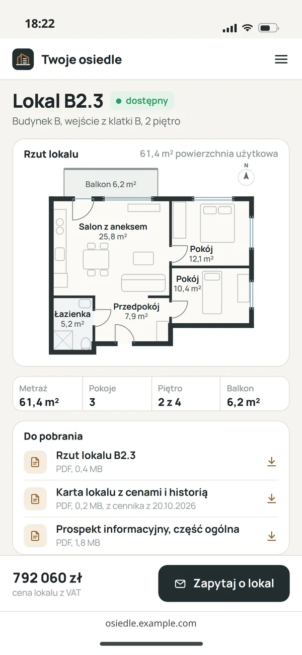 Karta lokalu B2.3 na telefonie: status dostępny, rzut lokalu z pomieszczeniami, metraż, pokoje, piętro, balkon i pliki do pobrania