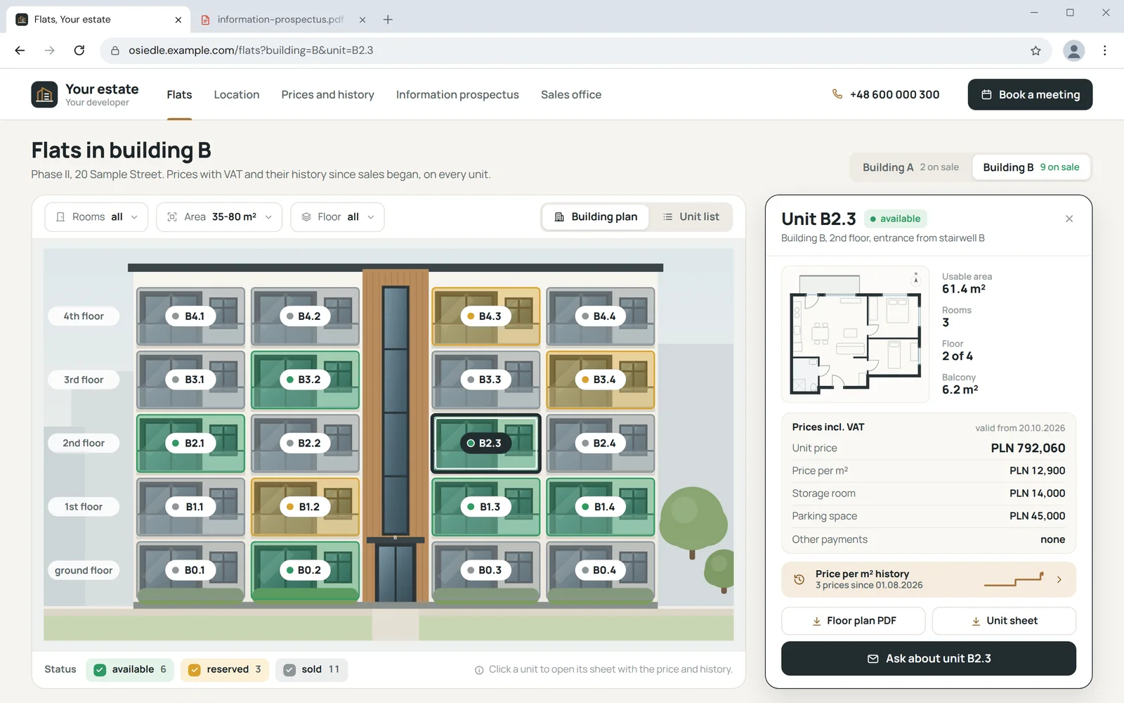 The development's flat finder: the plan of building B with units coloured by availability and the sheet of unit B2.3 with its price, history and downloads