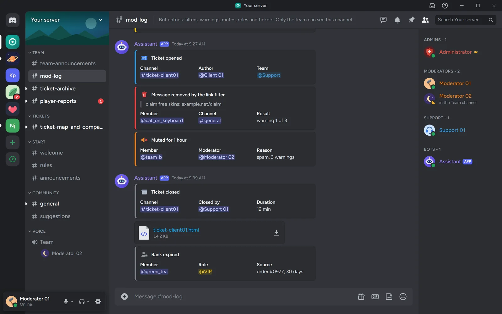 The moderation log channel with the bot's entries: a ticket, a removed message, a mute and an expired rank