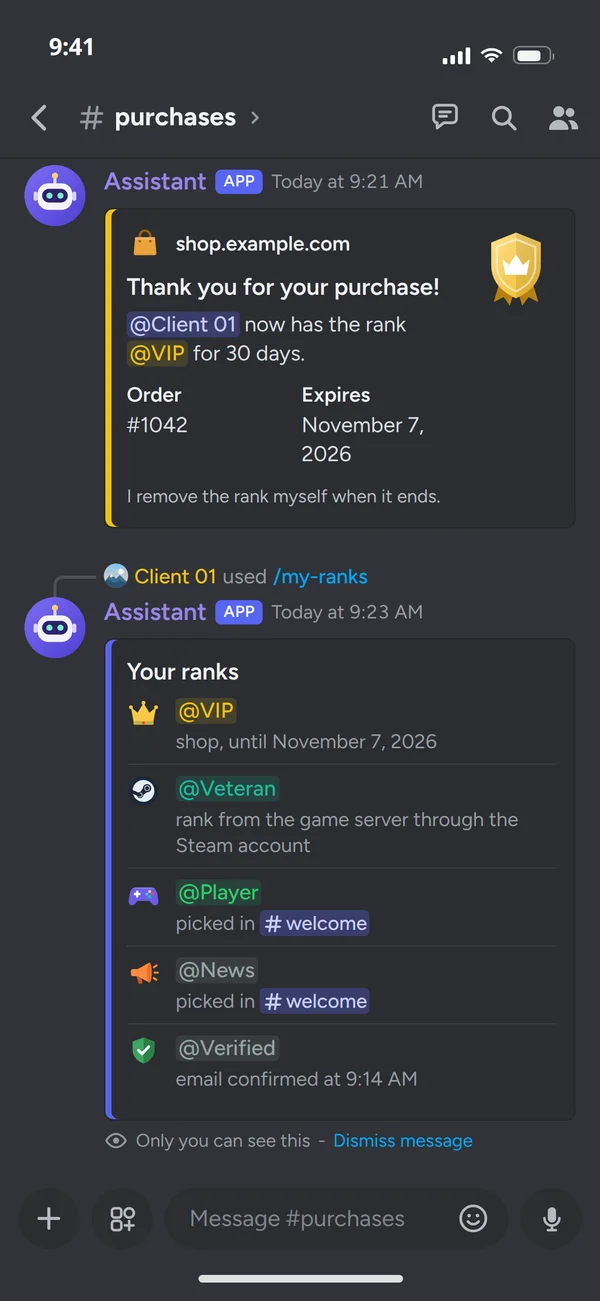 The bot's thanks for a purchase with a 30-day rank and the member's rank list, on a phone