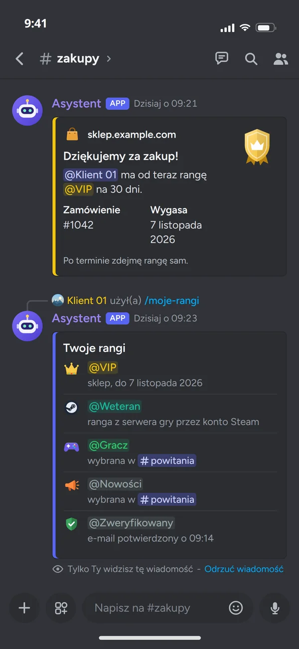 Lista ról nadanych na serwerze Discord