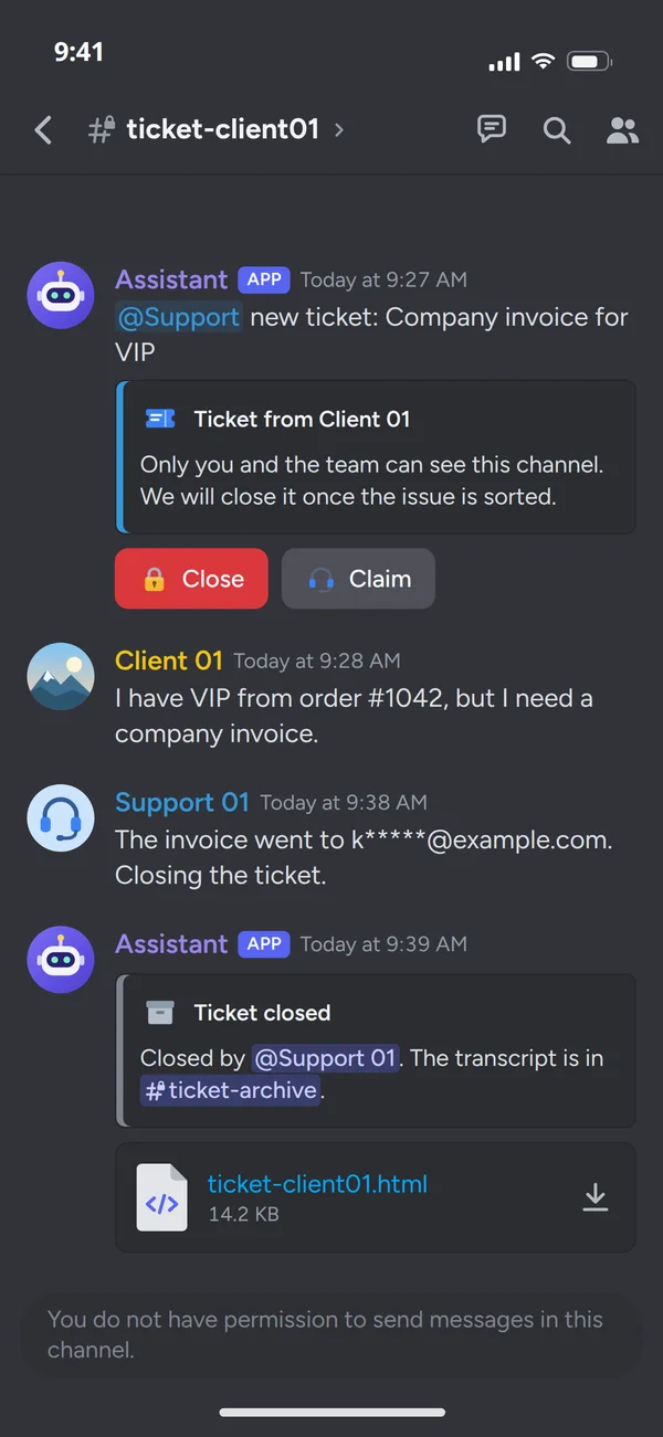 A ticket channel with the bot's message and a Close button