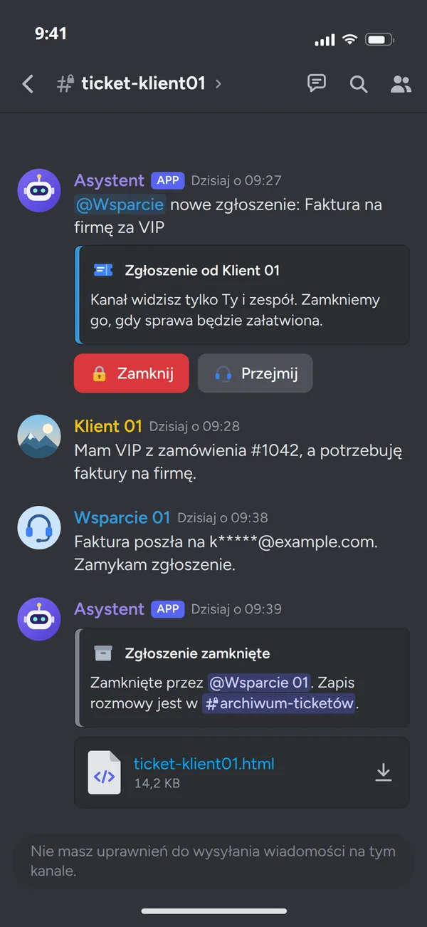 Kanał ticketu na Discordzie z wiadomością bota i przyciskiem zamknięcia
