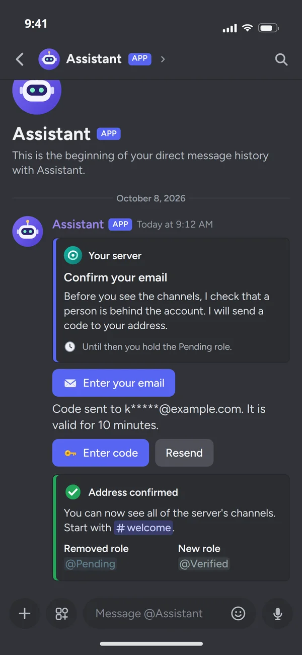 A direct message from the bot with an email code and the address confirmed, on a phone