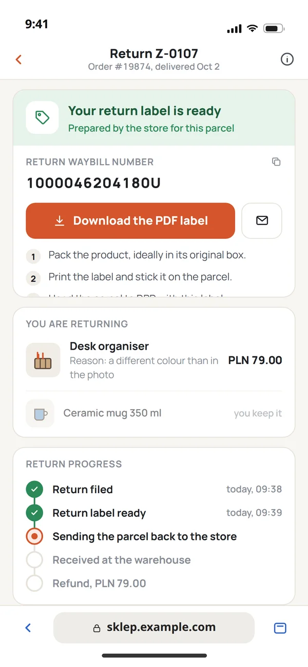 A return in a store's client panel on a phone: the return label ready, the return waybill number, a PDF label download and the return progress