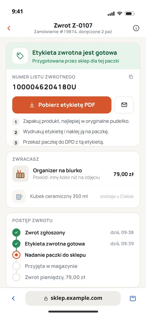 Zwrot w panelu klienta sklepu na telefonie: etykieta zwrotna gotowa, numer listu zwrotnego, pobranie etykiety PDF i postęp zwrotu