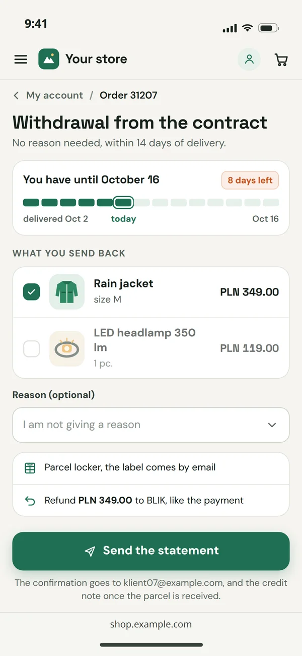 Withdrawal from the contract in the customer account on a phone: the deadline of 16 October, the items, an optional reason and the button that sends the statement