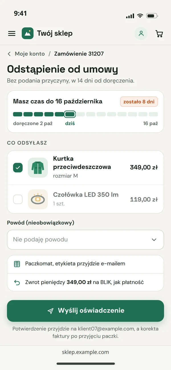 Odstąpienie od umowy w koncie klienta na telefonie: termin do 16 października, wybór towaru, nieobowiązkowy powód i przycisk wysyłki oświadczenia