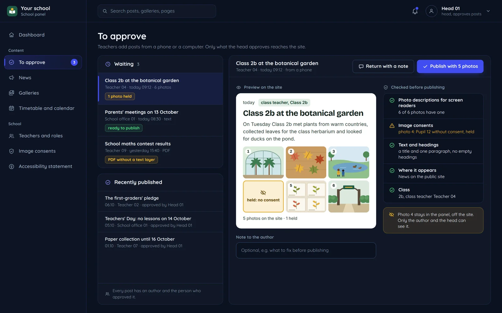 The head's panel with posts to approve and a preview of the post on the site