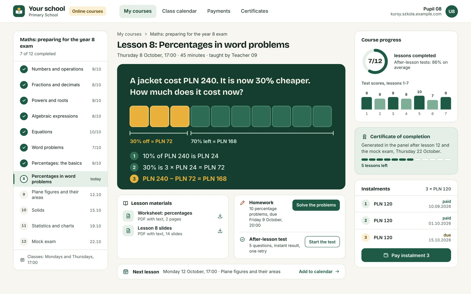 The school's course platform: a lesson with a task, materials, course progress, the certificate and instalments