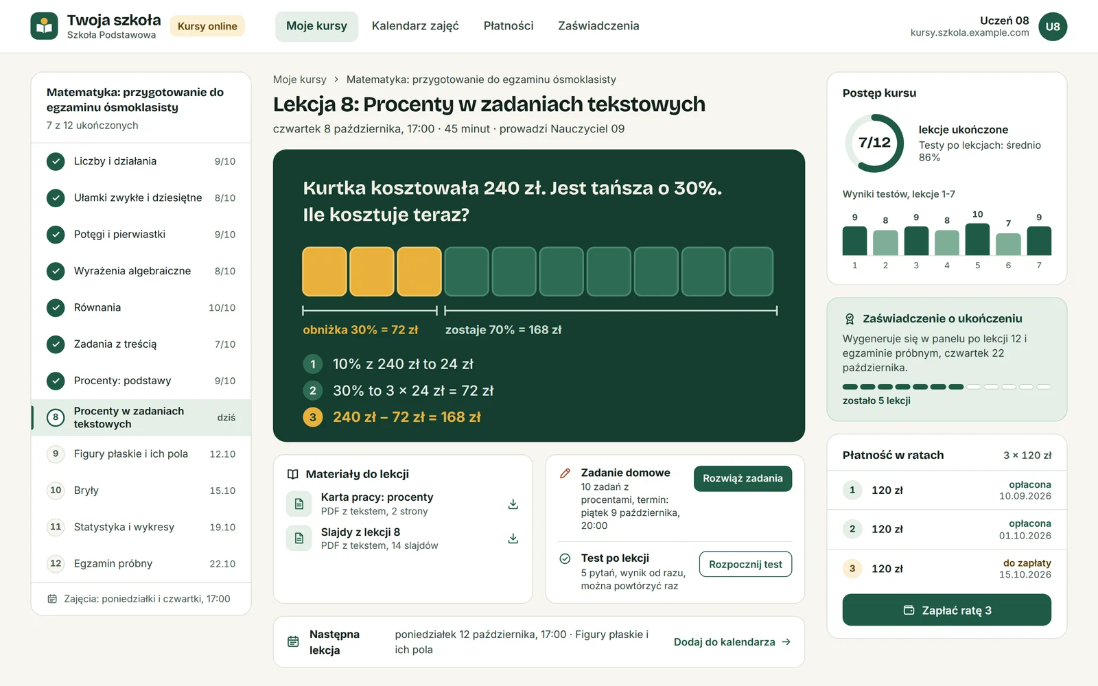 Platforma kursów szkoły: lekcja z zadaniem, materiały, postęp kursu, zaświadczenie i raty