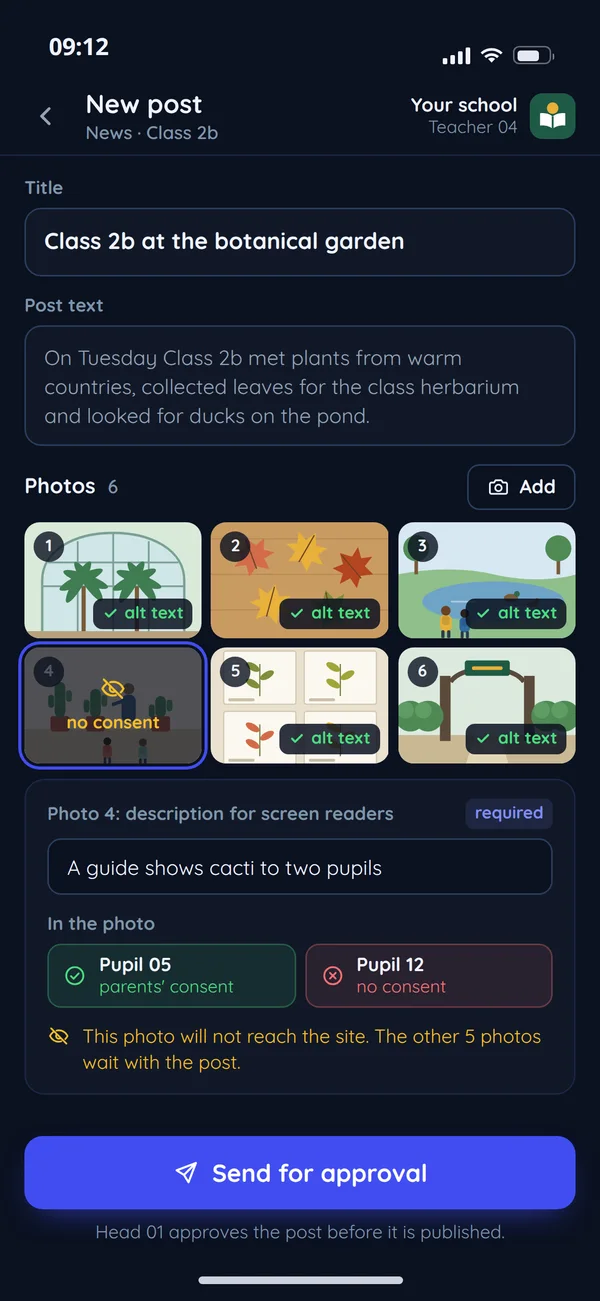 A teacher's new post from a phone, with photos and their descriptions