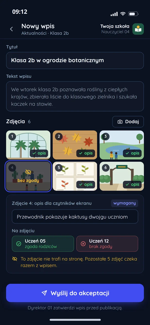 Nowy wpis nauczyciela z telefonu, ze zdjęciami i ich opisami