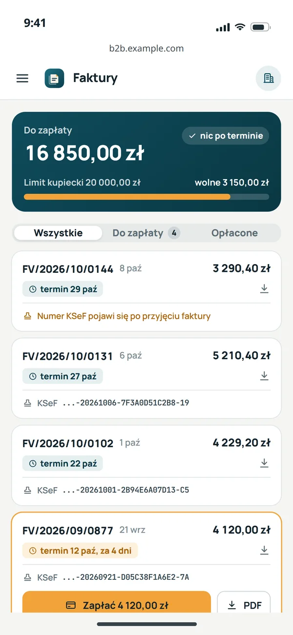 Faktury w portalu B2B na telefonie: kwota do zapłaty z limitem kupieckim, faktura czekająca na numer KSeF i faktury z numerem KSeF