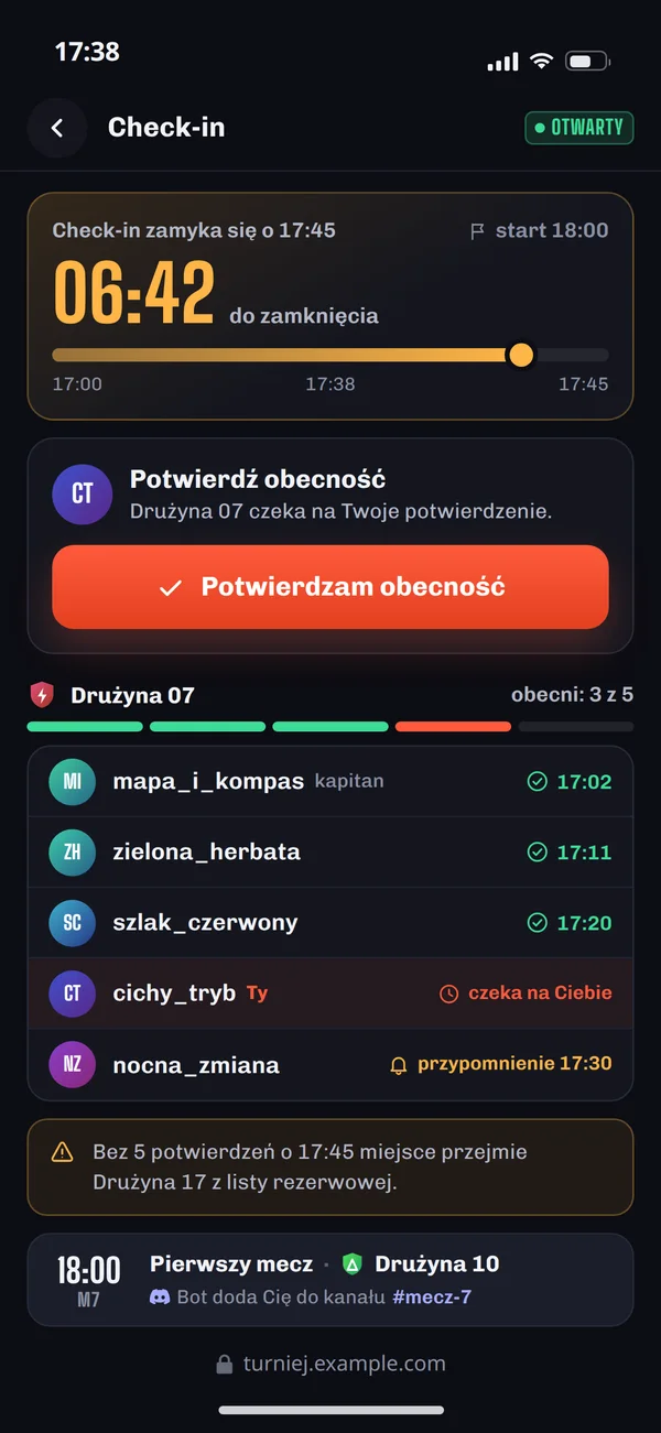 Przykładowy check-in drużyny na telefonie