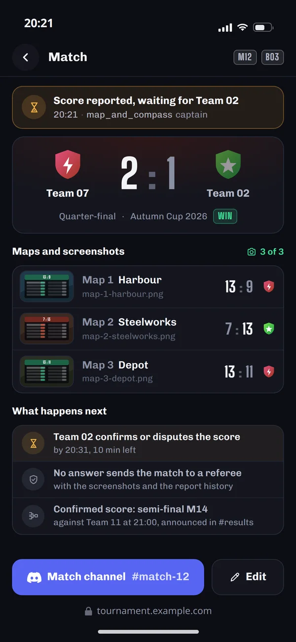 Match score report with screenshots