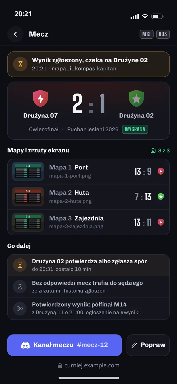 Zgłoszenie wyniku meczu ze zrzutami