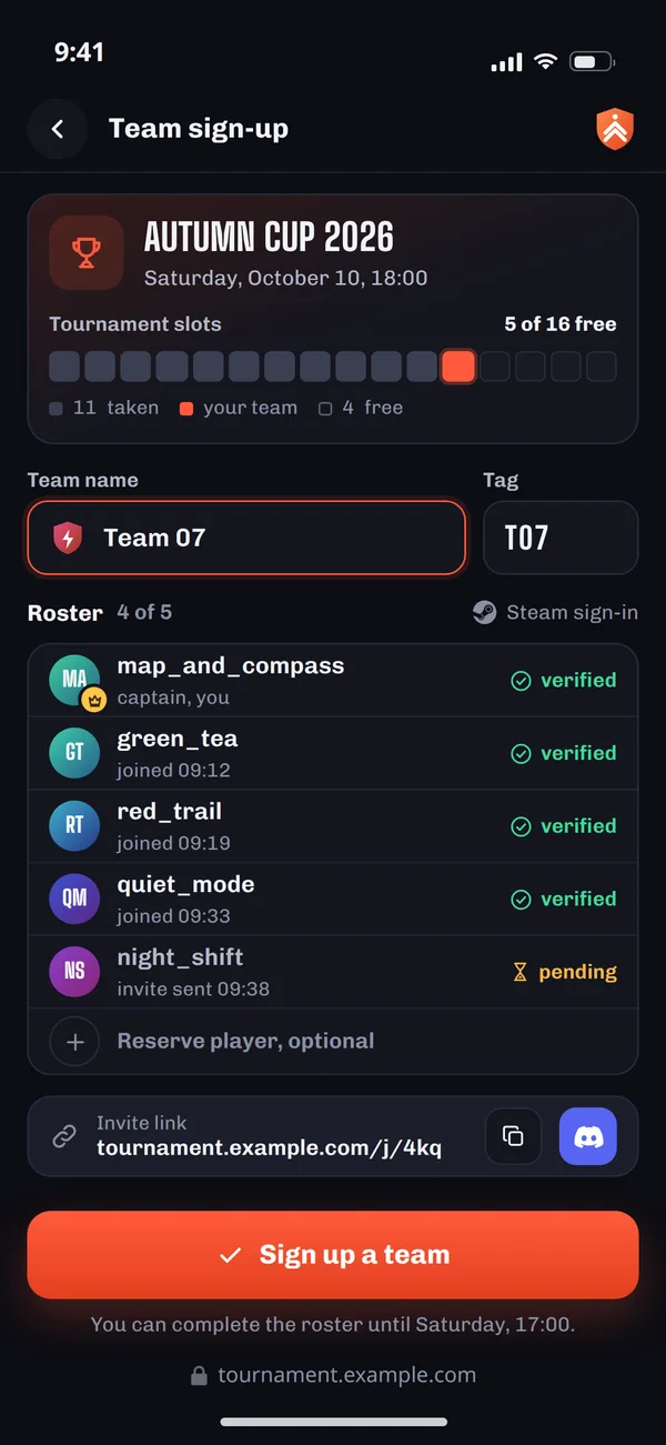 Team sign-up form with the roster
