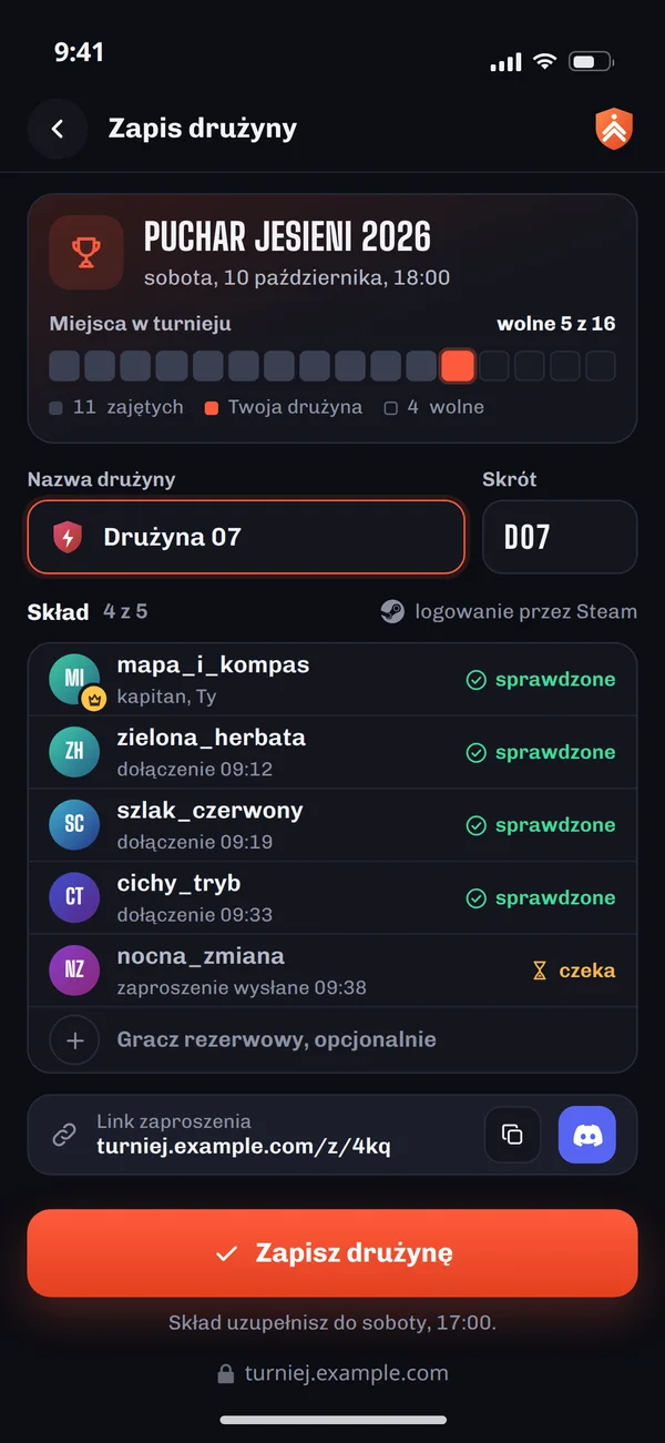 Formularz zapisu drużyny ze składem