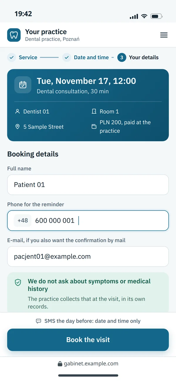 Booking details without health questions