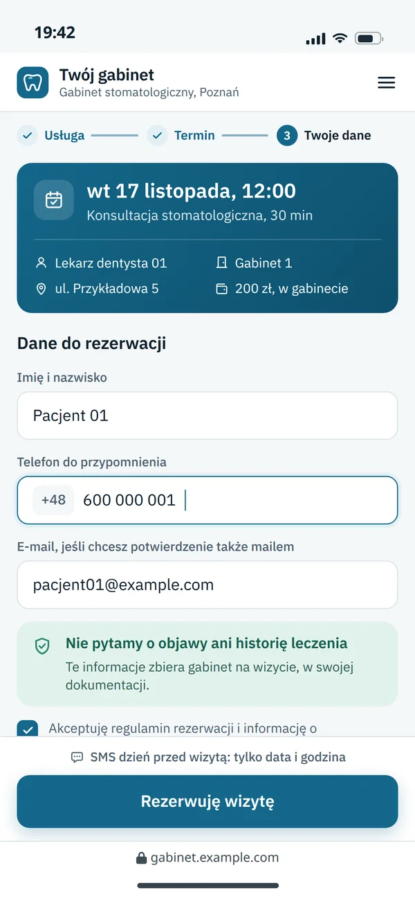 Dane do rezerwacji bez pytań o zdrowie