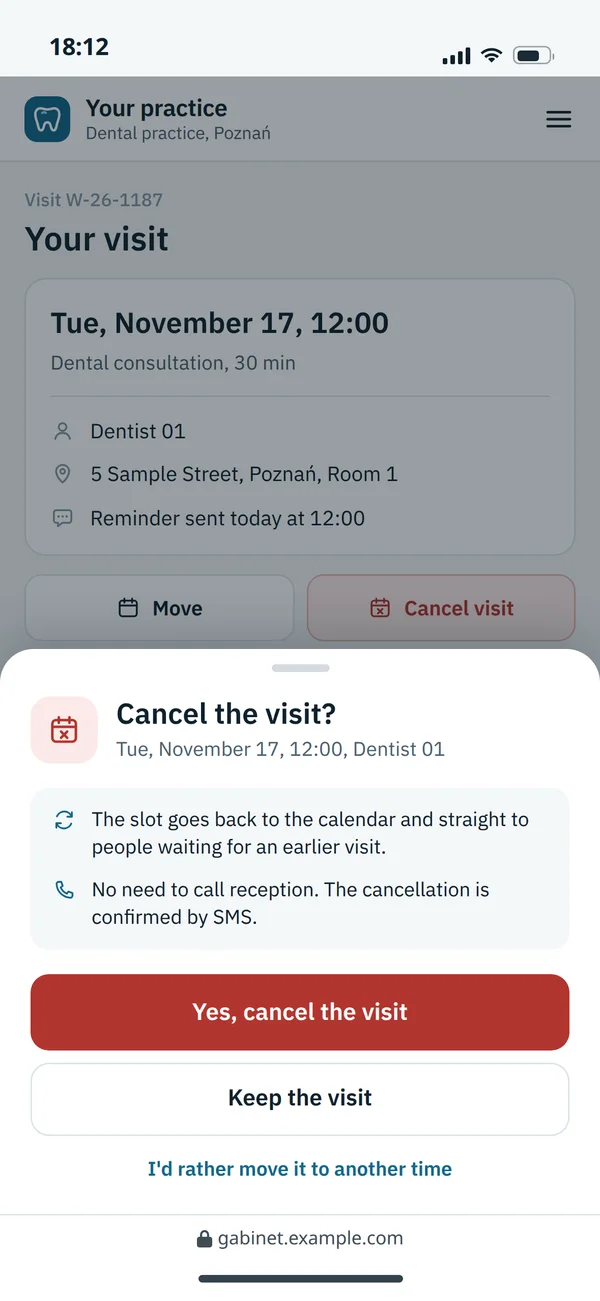 Cancelling a visit from the SMS link: the slot goes back to the calendar and straight to people waiting for an earlier visit