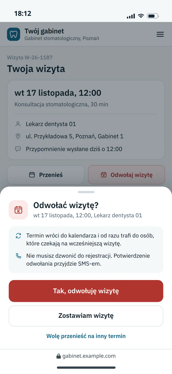 Odwołanie wizyty z linku w SMS-ie: termin wraca do kalendarza i trafia do osób, które czekają na wcześniejszą wizytę