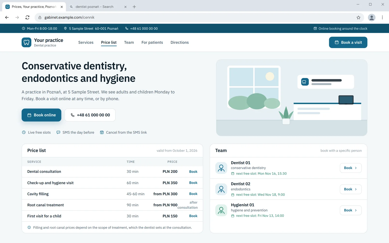 A dental practice website with its price list and team