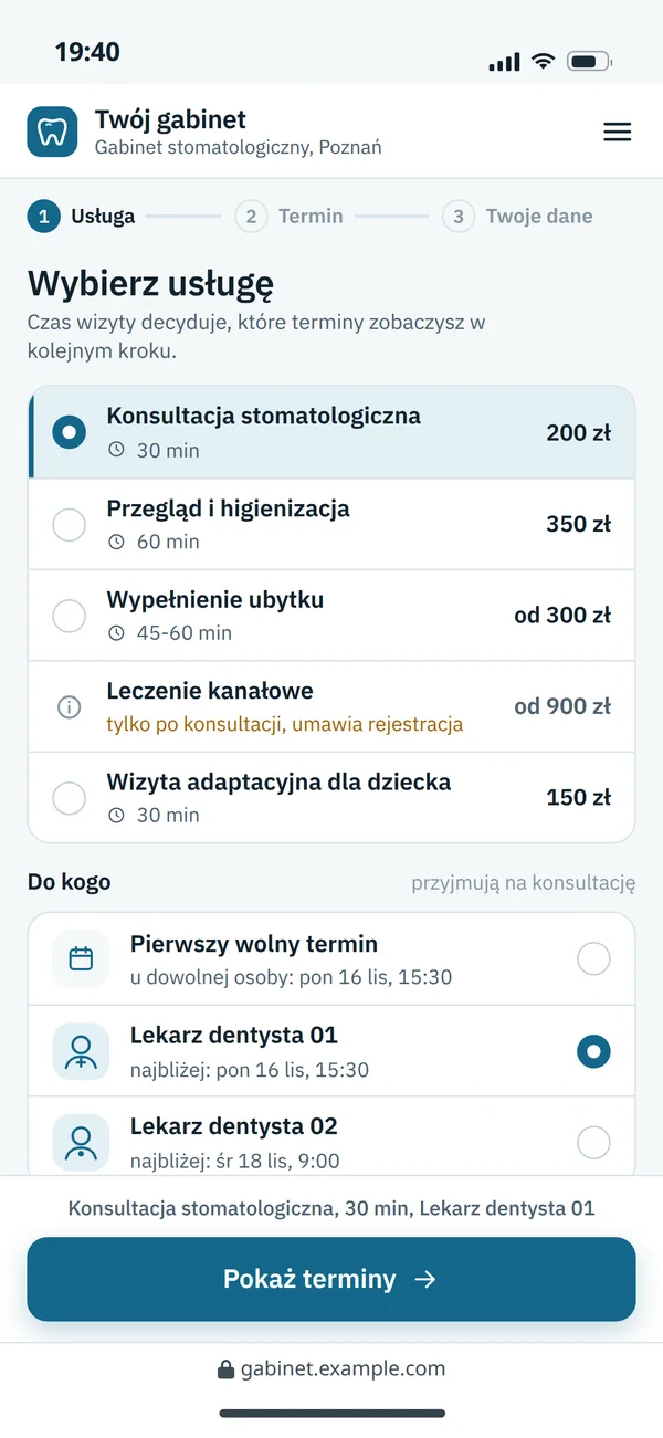 Wybór usługi i specjalisty