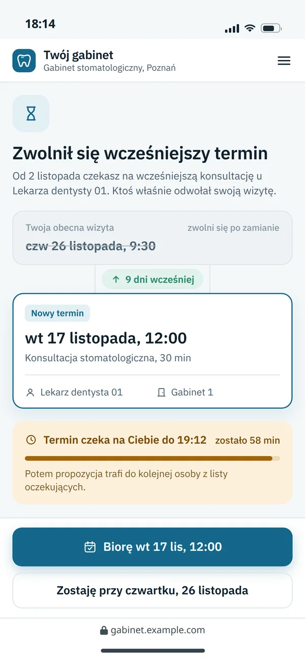 Propozycja zwolnionego terminu dla osoby z listy oczekujących, ważna przez godzinę