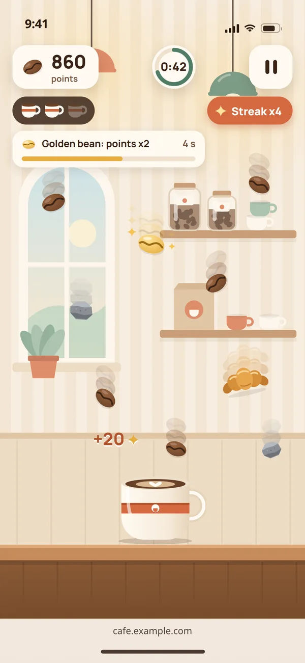 A sample screen of a cafe promotional game mid-round: 860 points, 42 seconds left, a x4 streak, a golden bean for double points and coffee beans falling over the cup