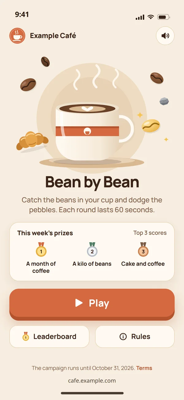 A sample start screen of a cafe promotional game: the title Bean by Bean, the rules of a 60-second round, the prizes of the week for the top three and the Play button