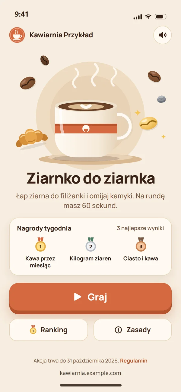 Przykładowy ekran startowy gry promocyjnej kawiarni: tytuł Ziarnko do ziarnka, zasady rundy na 60 sekund, nagrody tygodnia dla trzech najlepszych i przycisk Graj